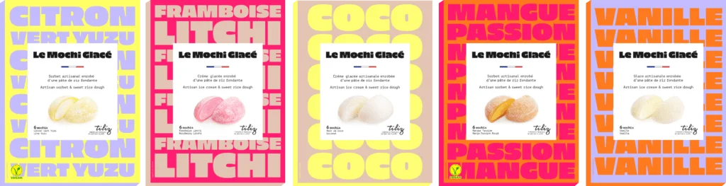 Les différents parfums de la gamme de mochis glacés Tiliz : Citron-vert/yuzu, Framboise/Litchi, Noix de coco, Mangue/passion et Vanille